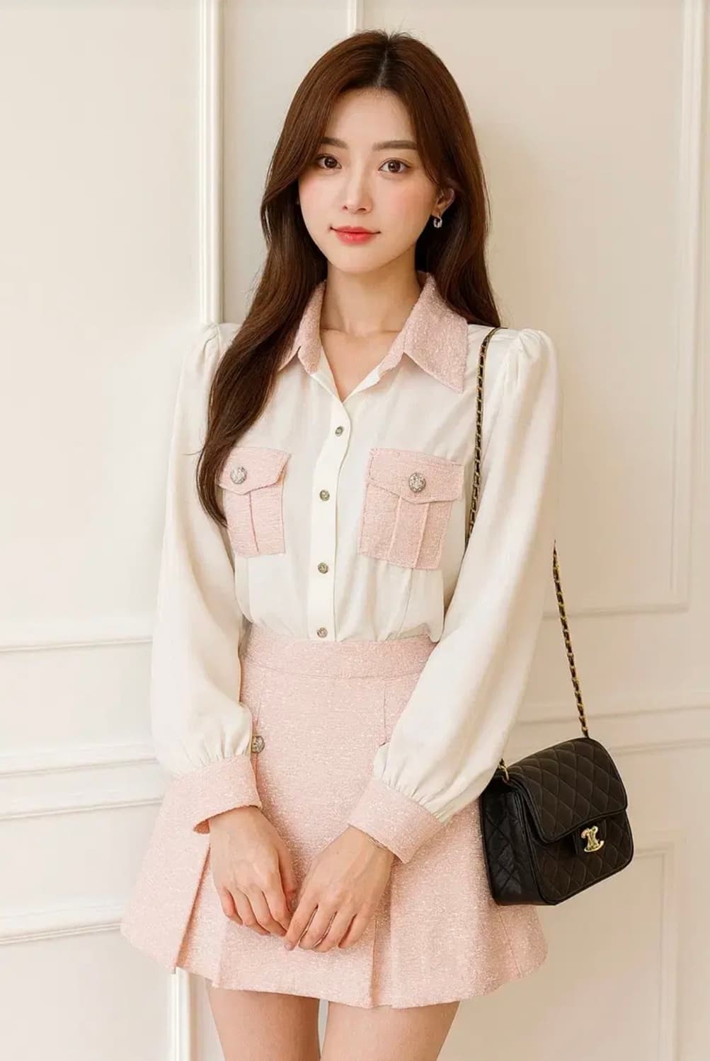 [새상품] 트위드 핑크 블라우스 스커트 세트 상품이미지1