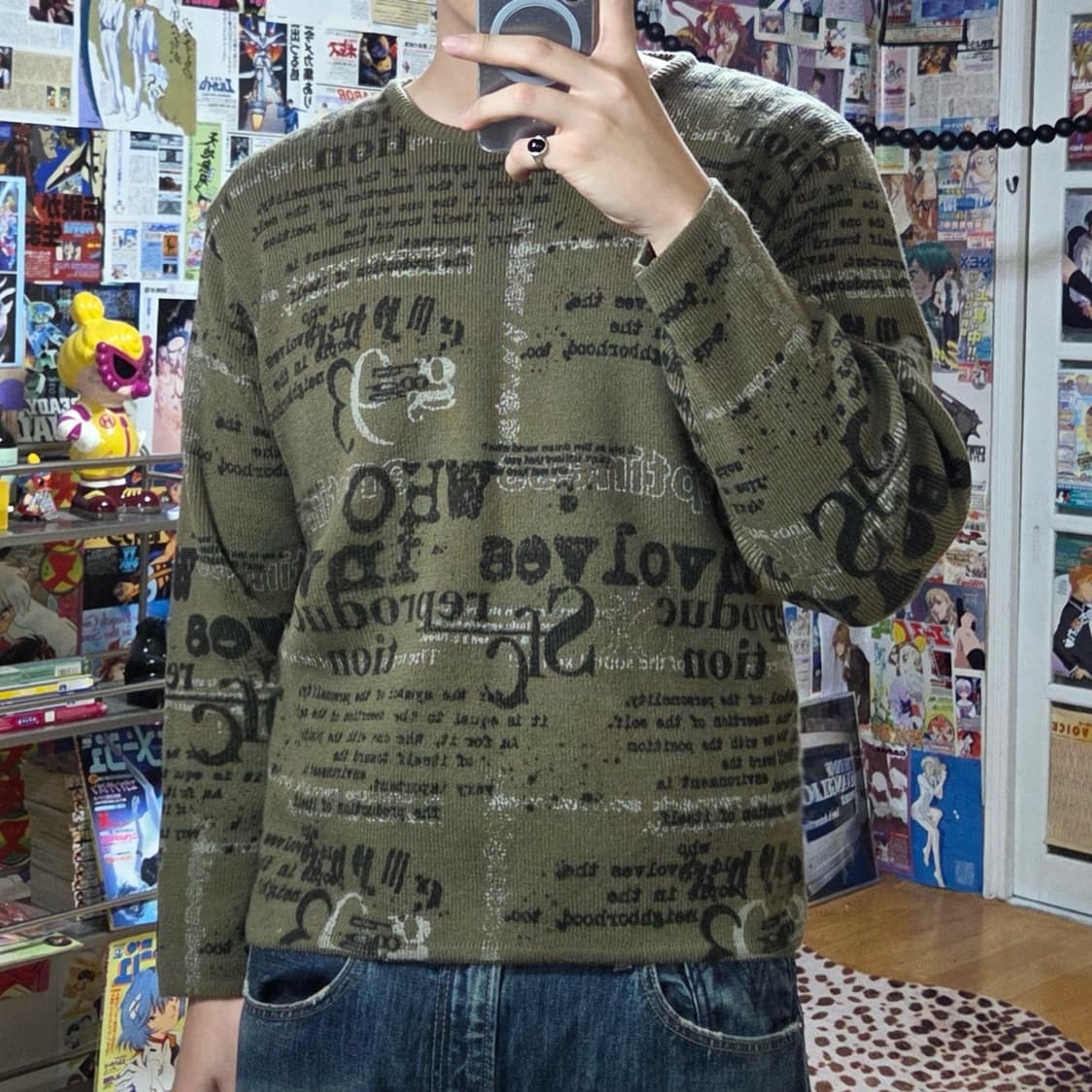 JPN 카키 브라운 레터링 골지 니트 롱슬리브 상품이미지1