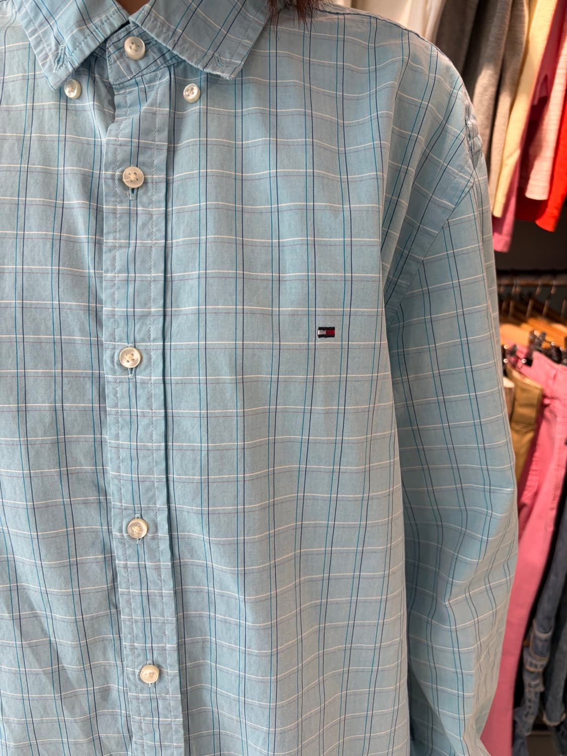 TOMMY HILFIGER 80's 2PLY 스카이블루 체크 셔츠 L 상품이미지1