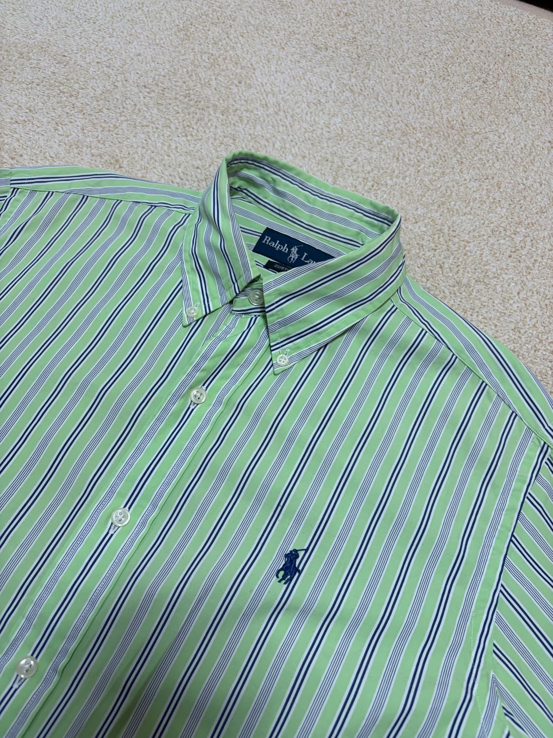 100) 두산 정품 폴로 랄프로렌 스트라이프 반팔셔츠 그린 상품이미지3