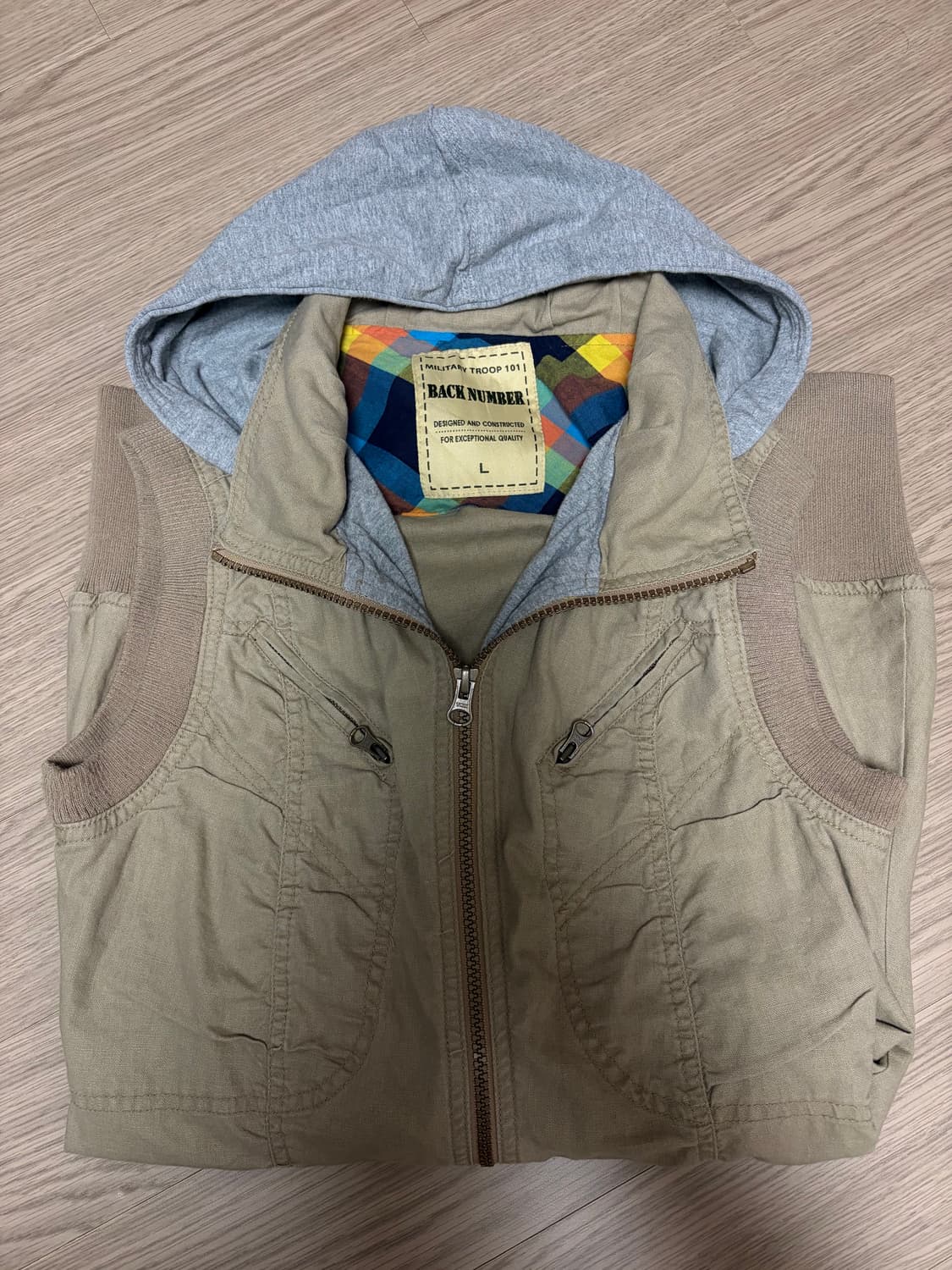 BACK NUMBER 빈티지 밀리터리 카키 후드 베스트 L 상품이미지1