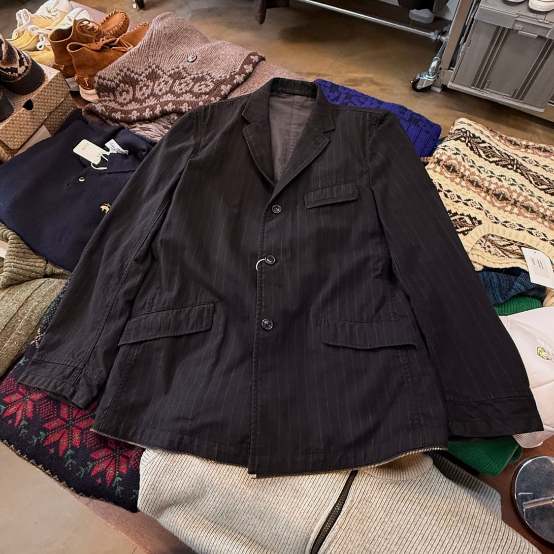 PPFM 지퍼 디테일 스트라이프 패턴 블레이저 중기장 코트 자켓 상품이미지2