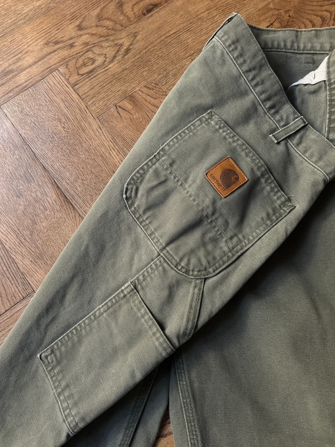 [42]칼하트 Made in USA 빈티지 워싱 모스그린 싱글니 워크팬츠 상품이미지5