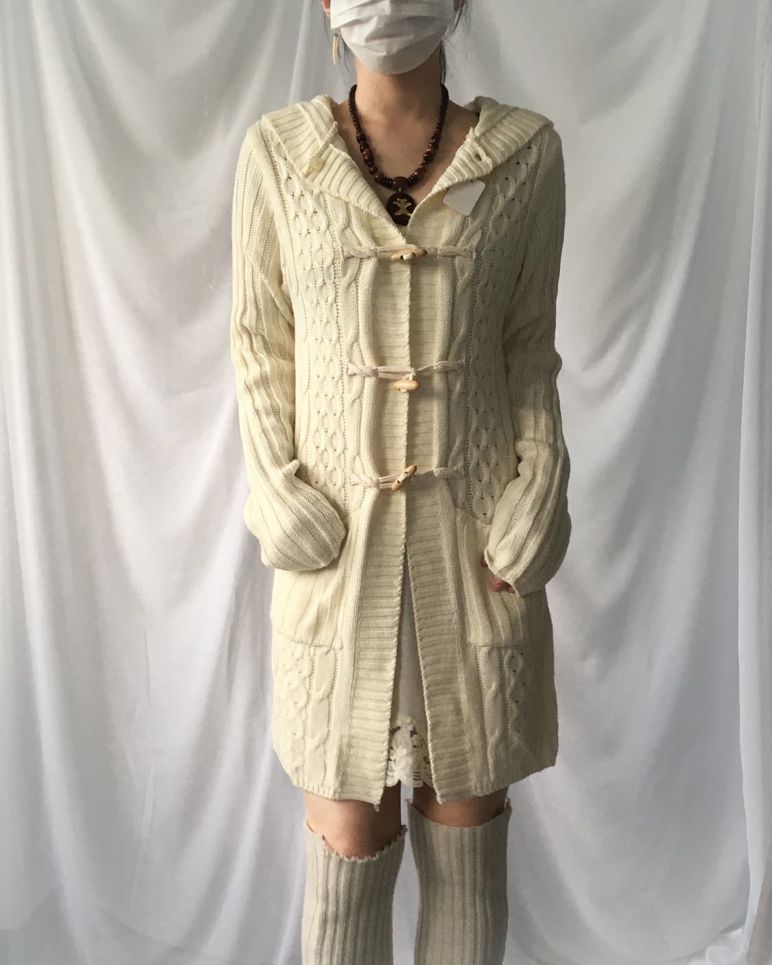 Duffle button cable pattern hood cardiga 상품이미지1