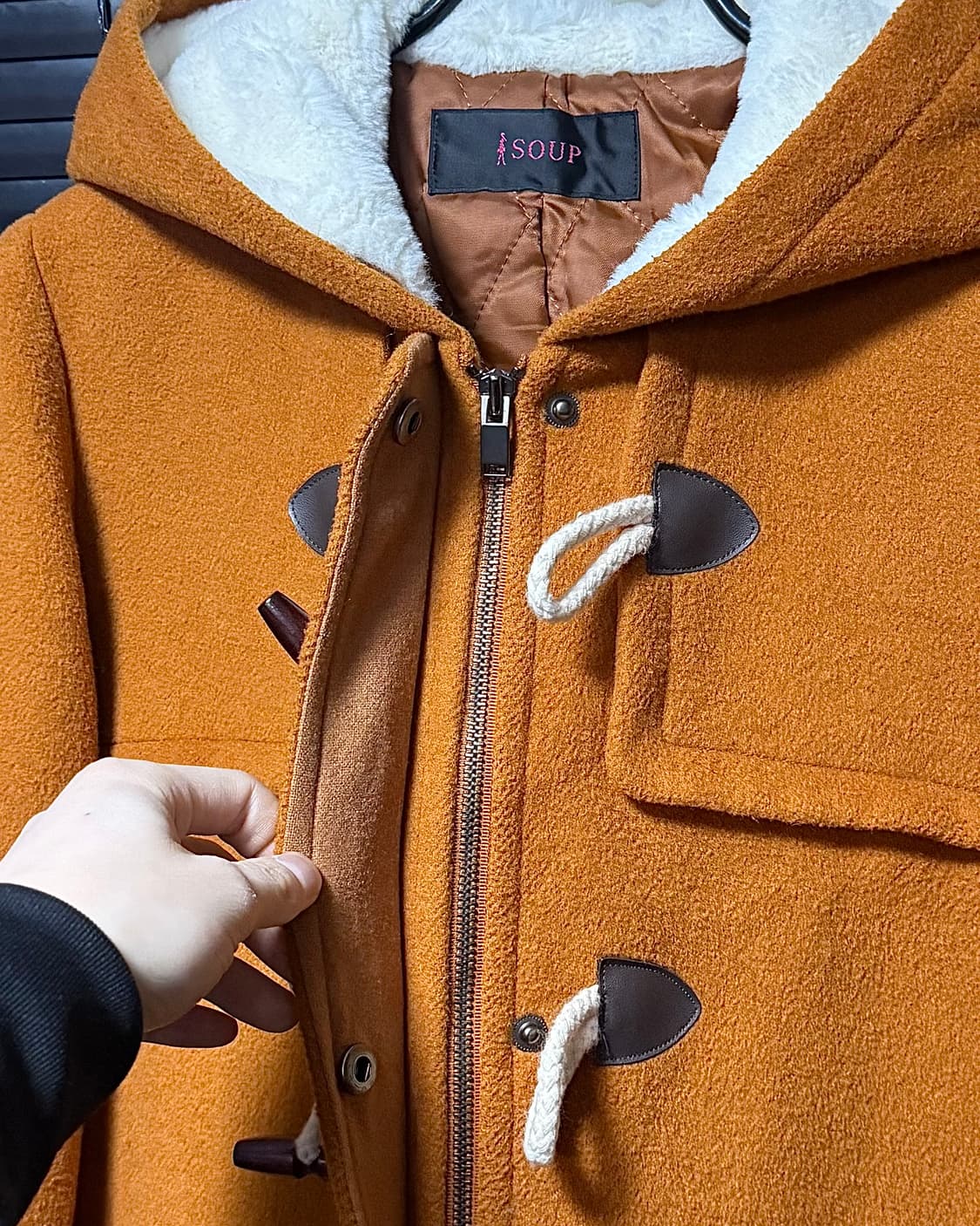 SOUP 숲 오렌지 주황색 양 털 떡볶이 더플 롱 코트 울 55 여자 상품이미지6