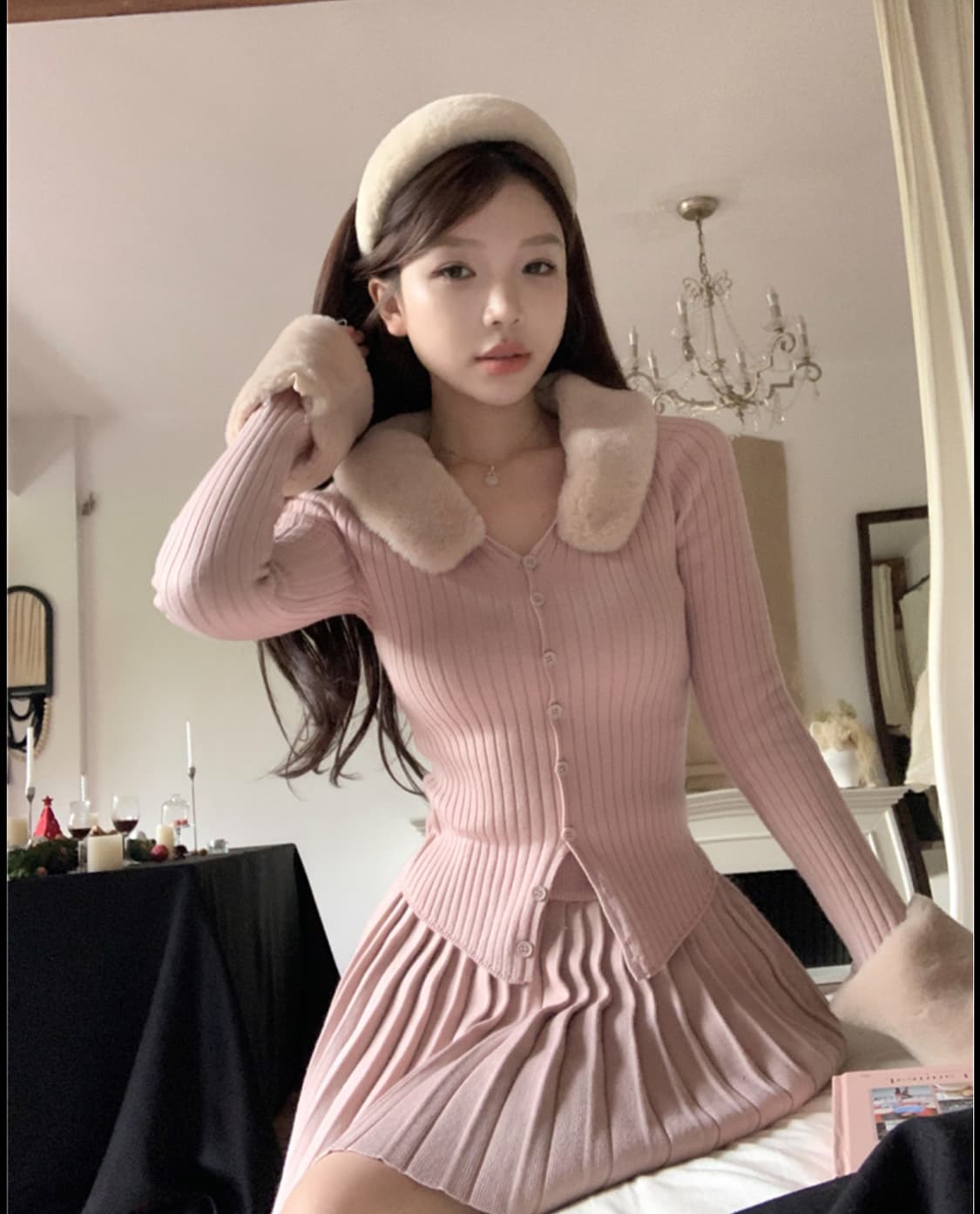 히메갸루 딸기우유 퍼 니트 스커트 세트 상품이미지2