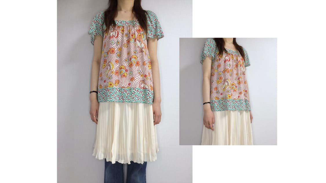 츠모리치사토 그린 핑크 플로럴 탑 상품이미지1