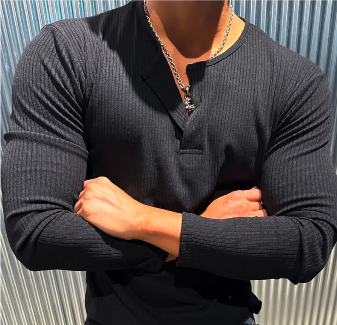 머슬핏 골지 긴팔티 블랙 상품이미지1