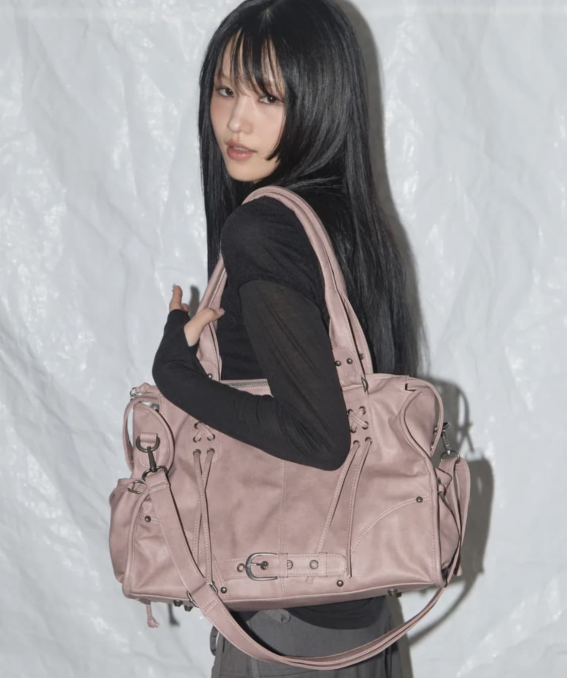 팬시클럽 벨티드 워싱 레더백 핑크 상품이미지1