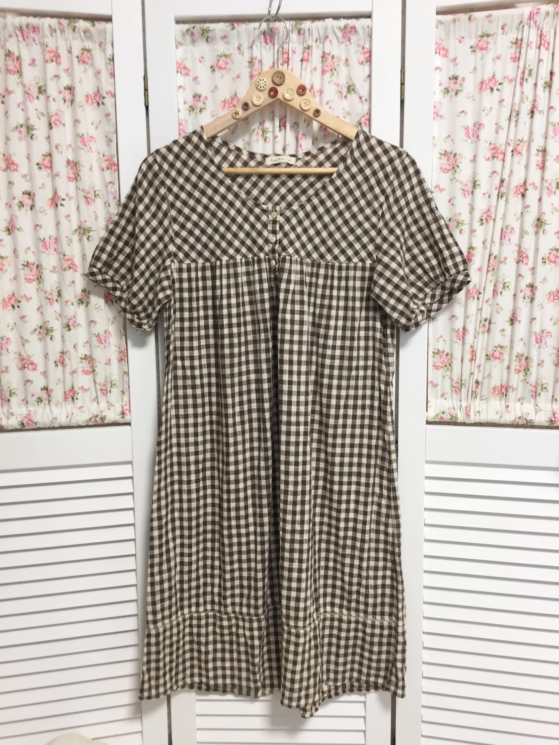 빈티지 브라운 고방체크 반팔 블라우스 상품이미지1