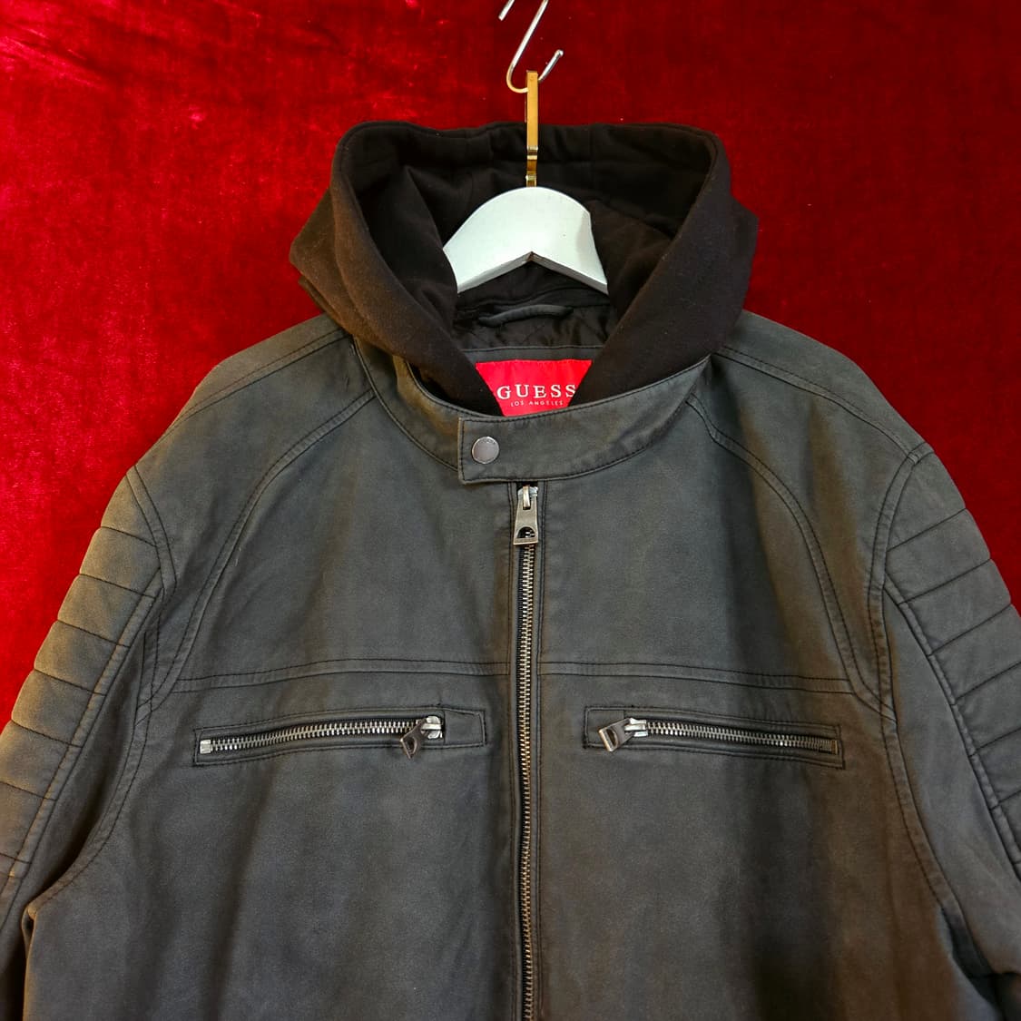 게스(GUESS) 다니엘블랙 PU 후디 차콜 바이커 자켓 L size 상품이미지1