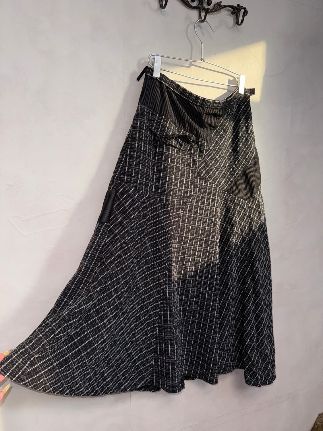 Black unbalanced check patch long skirt 상품이미지2