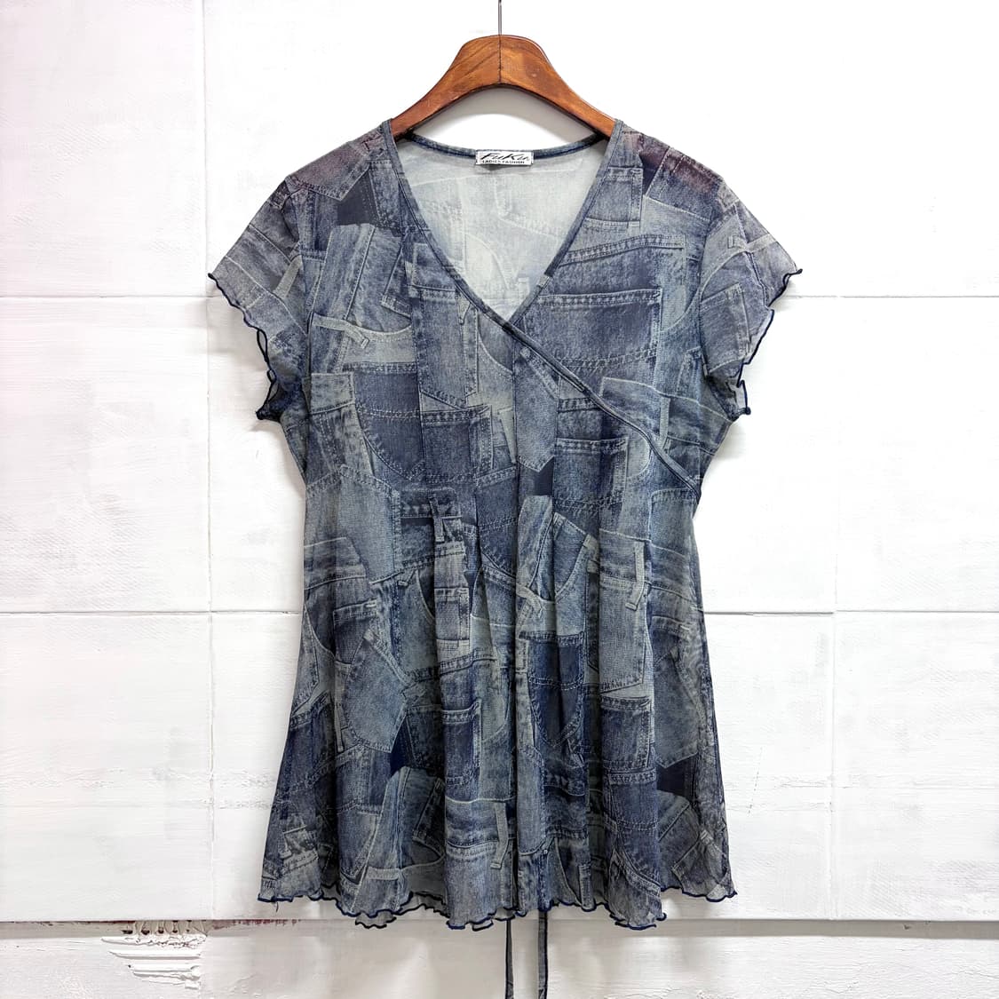 FUKU 시스루 데님패턴 Y2K 리본 탑 블라우스 JPN 상품이미지3