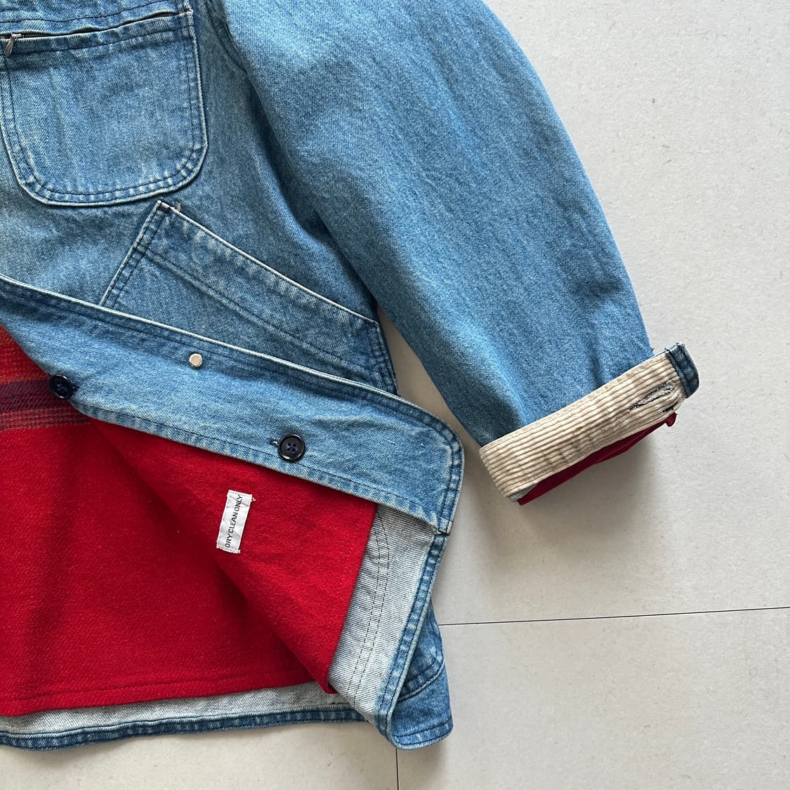 80s 엘엘빈 데님 커버올 카라 울 블랭킷 라이닝 초어 자켓  상품이미지4