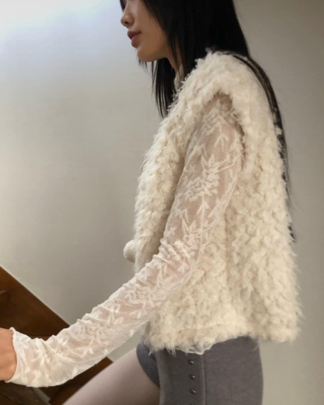 vintage 엔젤 링 폼폼  퍼 가디건 (ivory) 상품이미지3