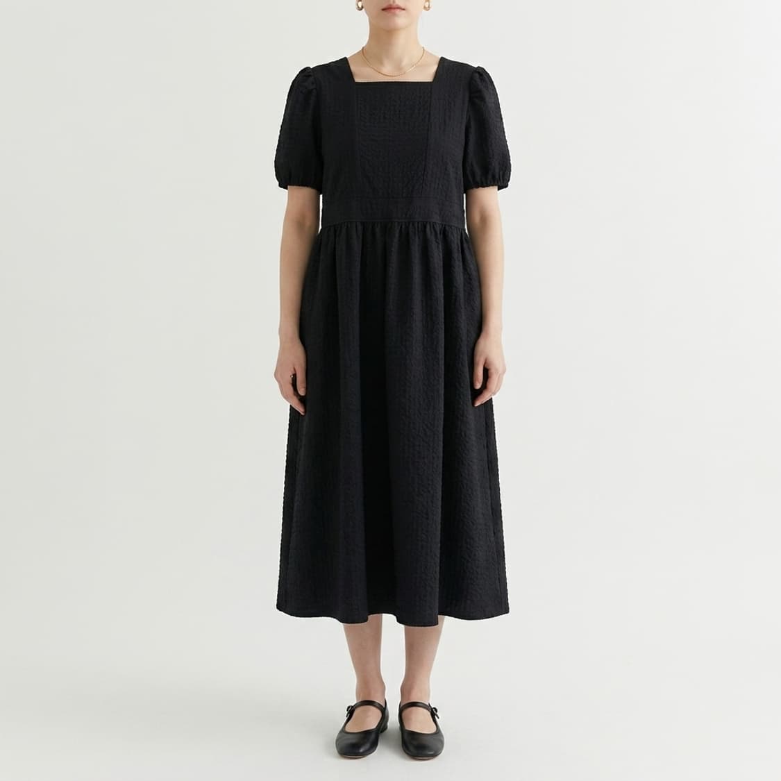 앤단테 andante 스퀘어넥 퍼프 시어링 롱 원피스 (S~M) 상품이미지1