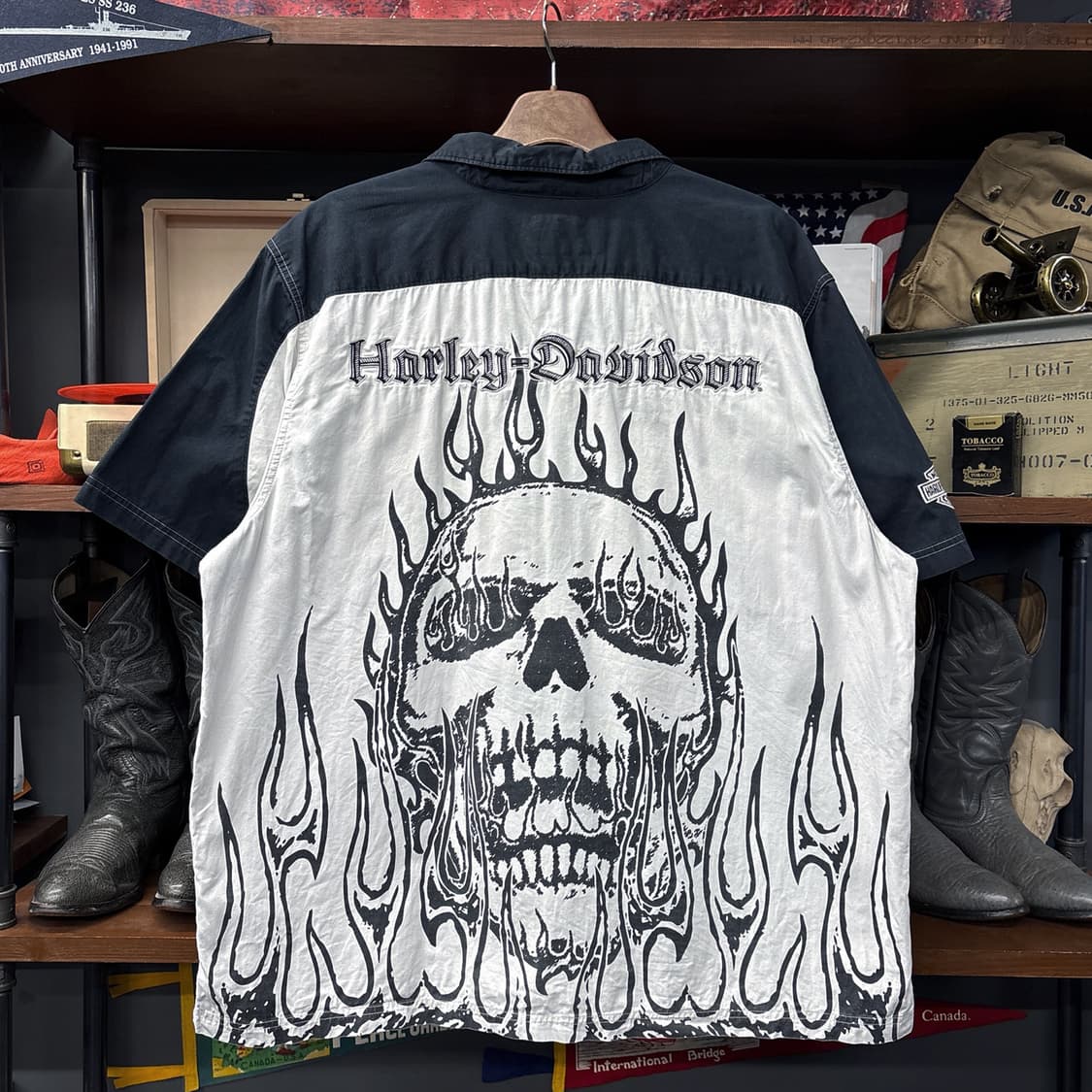 00s 할리데이비슨 빅 플레임 스컬 고딕 레터링 바이커 셔츠 N1187 상품이미지2