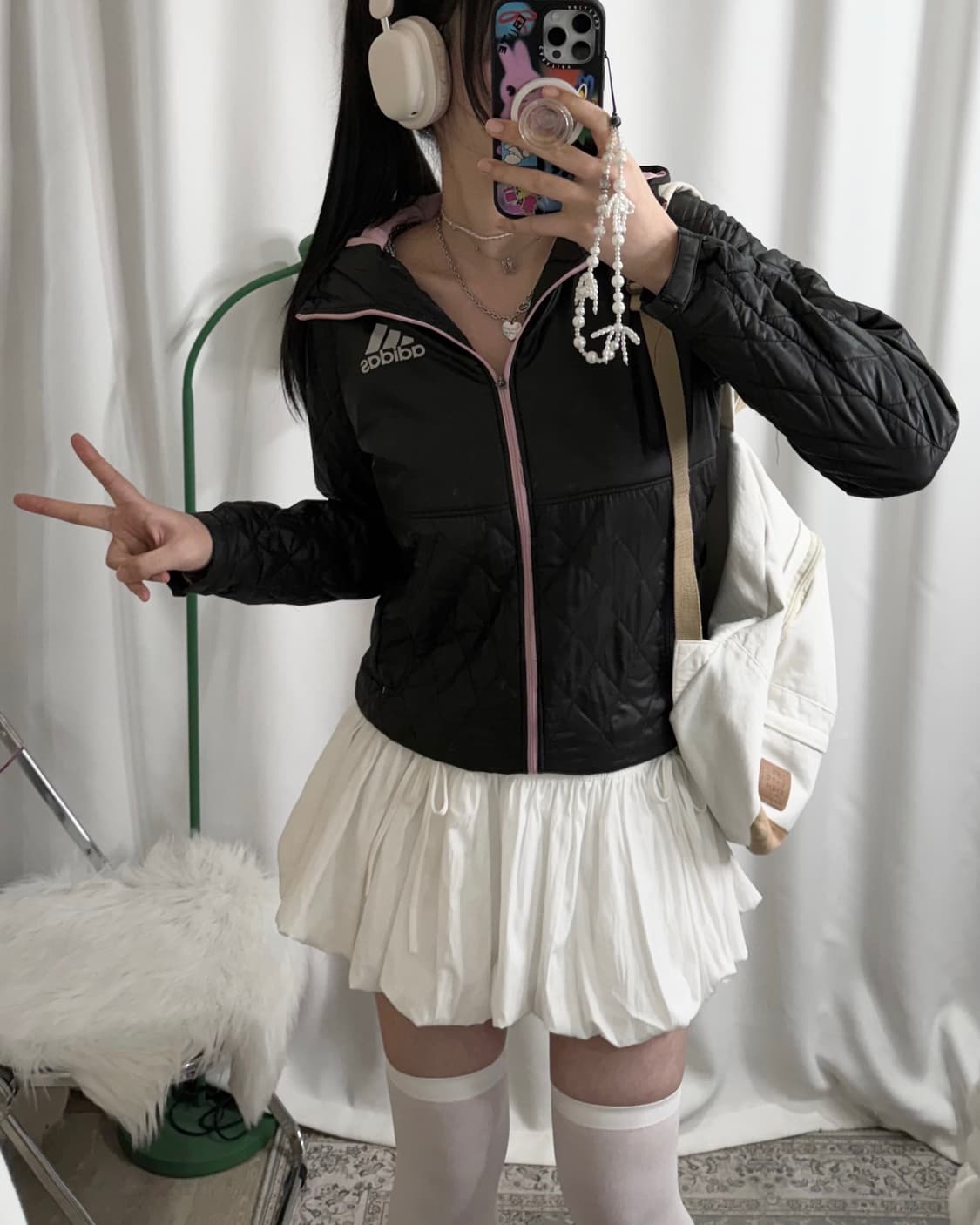 아디다스 블랙 & 핑크 퀼팅 후드 자켓 상품이미지2