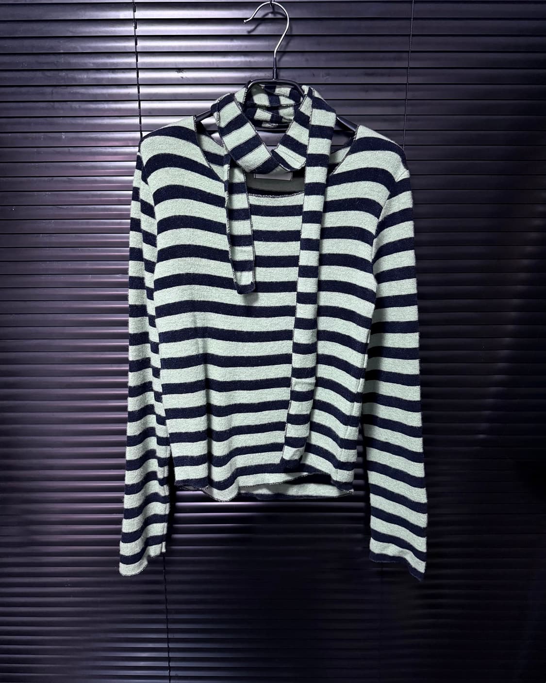 i! 민트 블랙 검정 스트라이프 단가라 머플러 목도리 스카프 보트넥 니트 상품이미지3