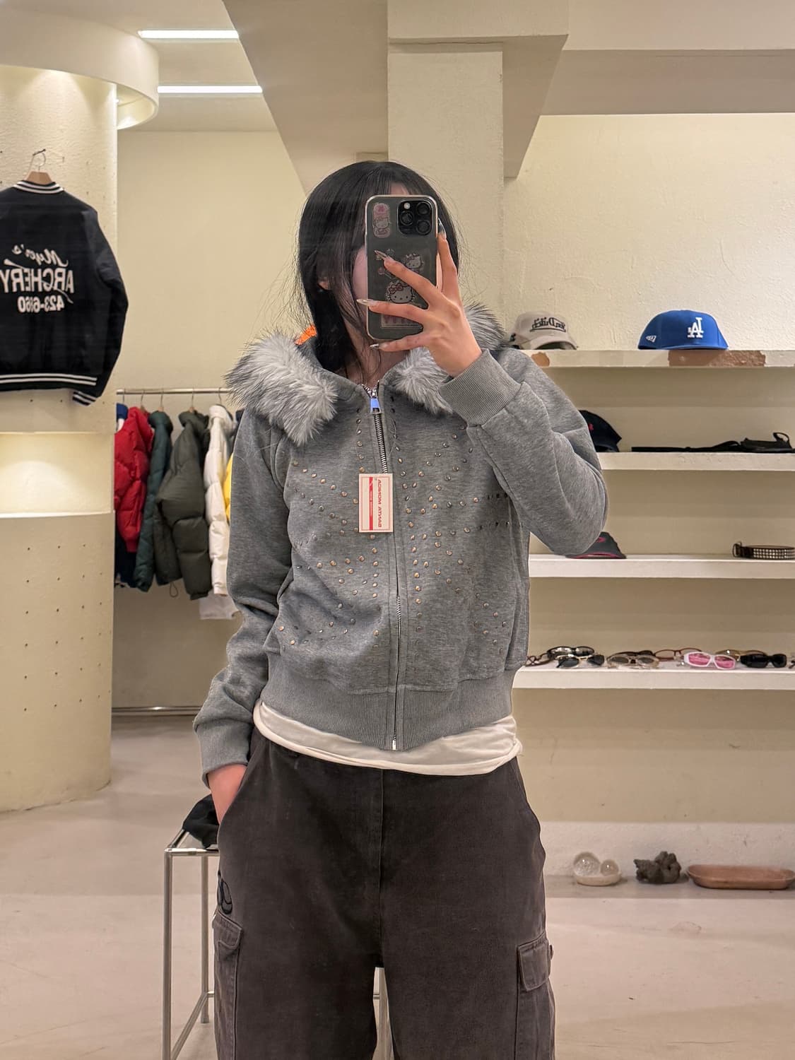 퍼 후드 스터드 집업 후드집업 그레이 U831 상품이미지1