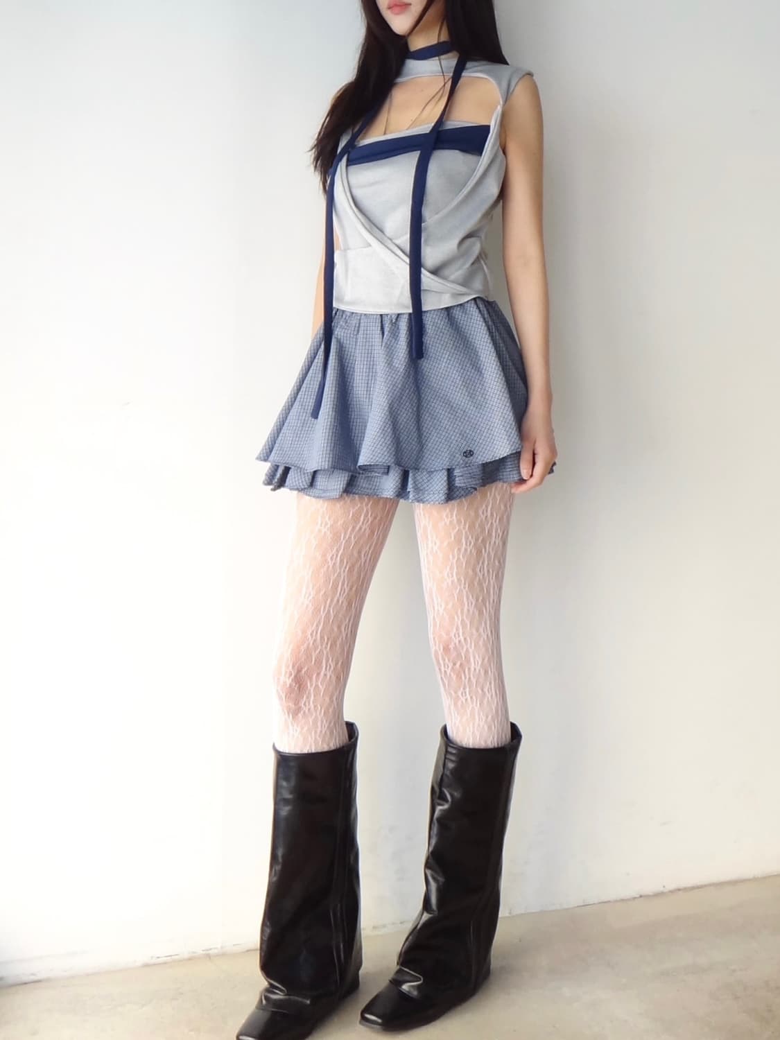 Ruffle layer check mini skirt / navy 상품이미지4