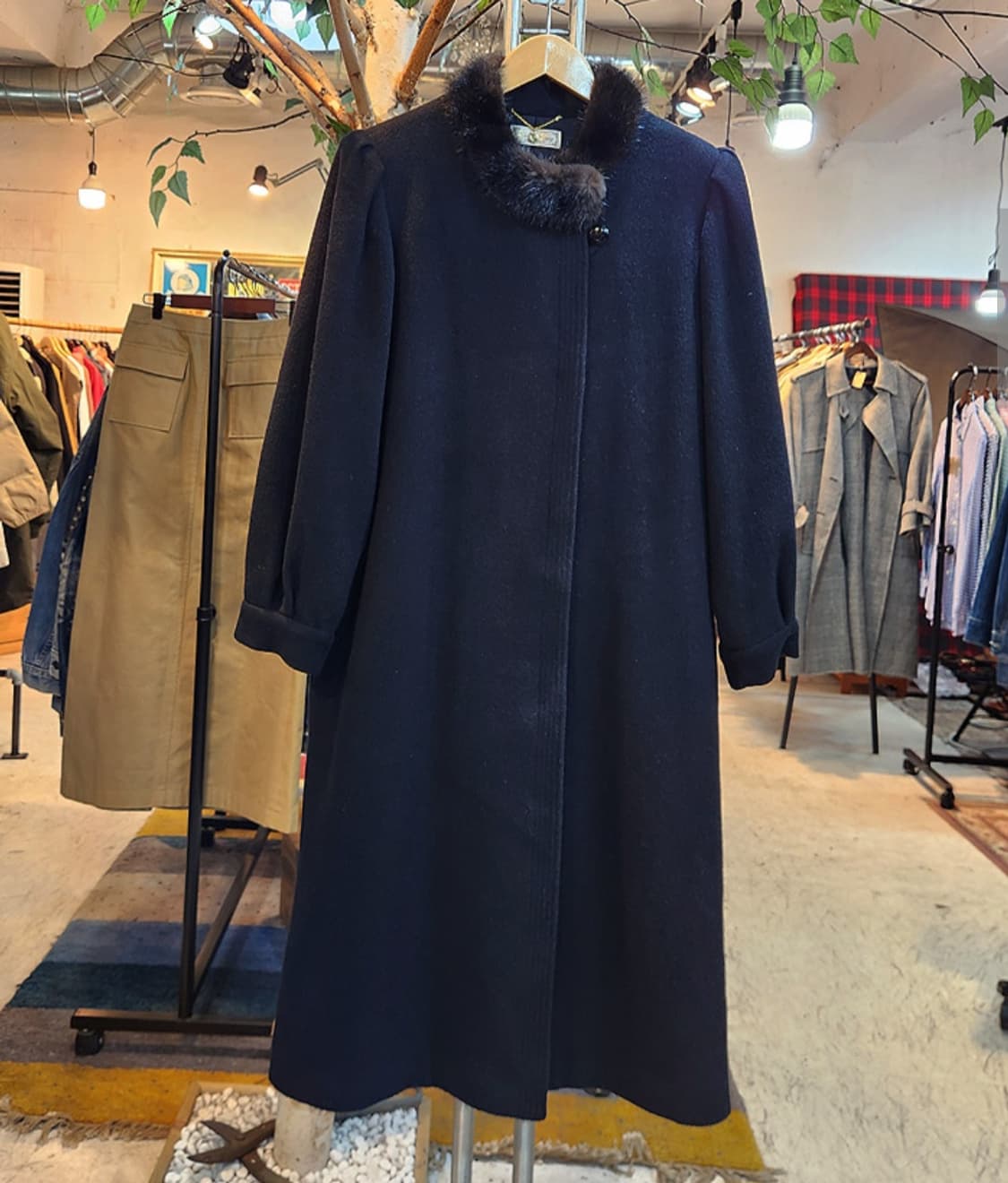 일본 도톰한 친칠라 울 블렌드 리얼 밍크 퍼 블랙 롱 빈티지 코트 상품이미지3