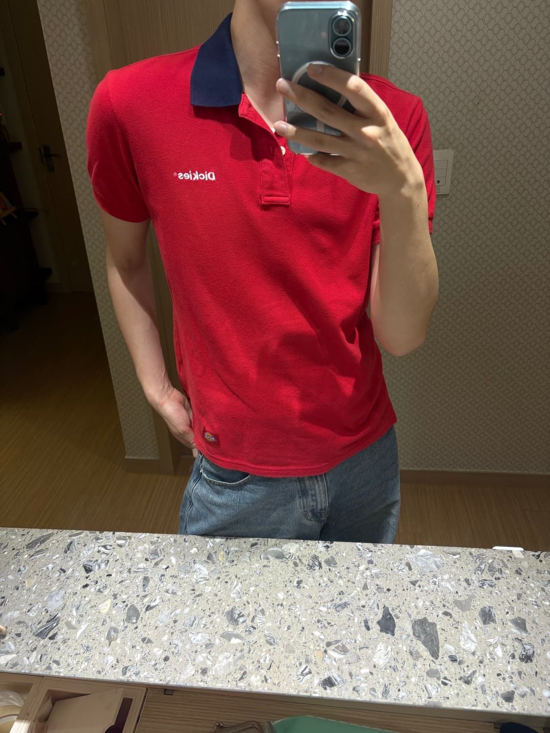 [M] 디키즈(Dickies) 로고 자수 배색 카라티 레드 상품이미지4