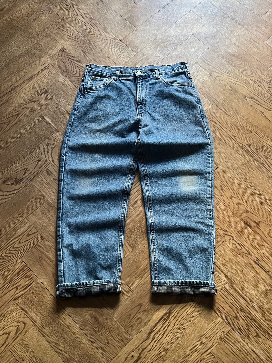 [36]칼하트 USA 체크 라이닝 빈티지 워싱 워크 데님 팬츠 상품이미지1