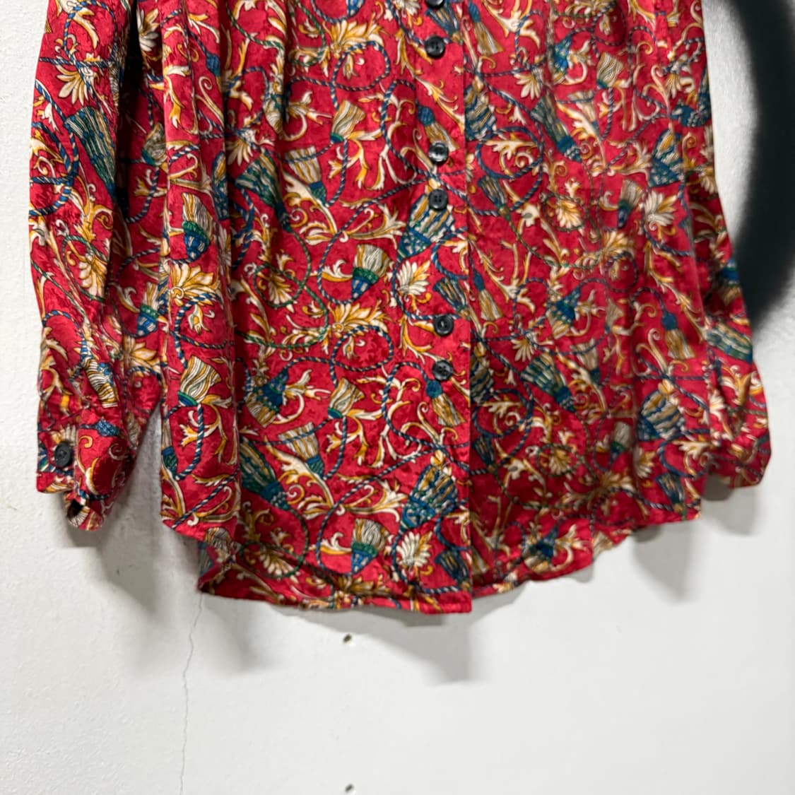 VTG 빈티지 100% 실크 플라워 자카드 풀 패턴 블라우스 셔츠 상품이미지4