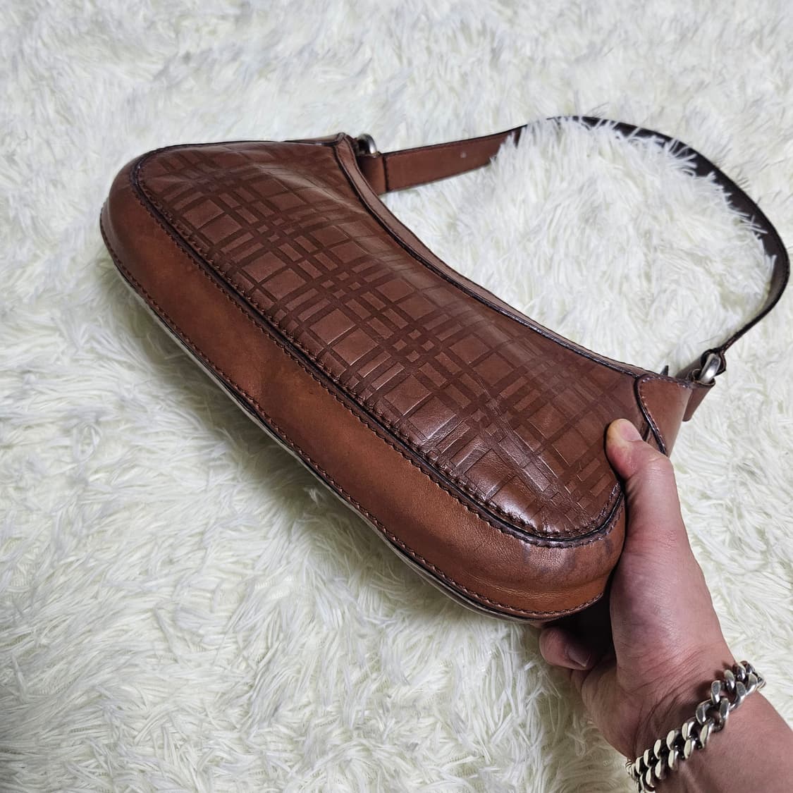 버버리(Burberry) 빈티지 브라운 레더 체크 호보백 상품이미지5