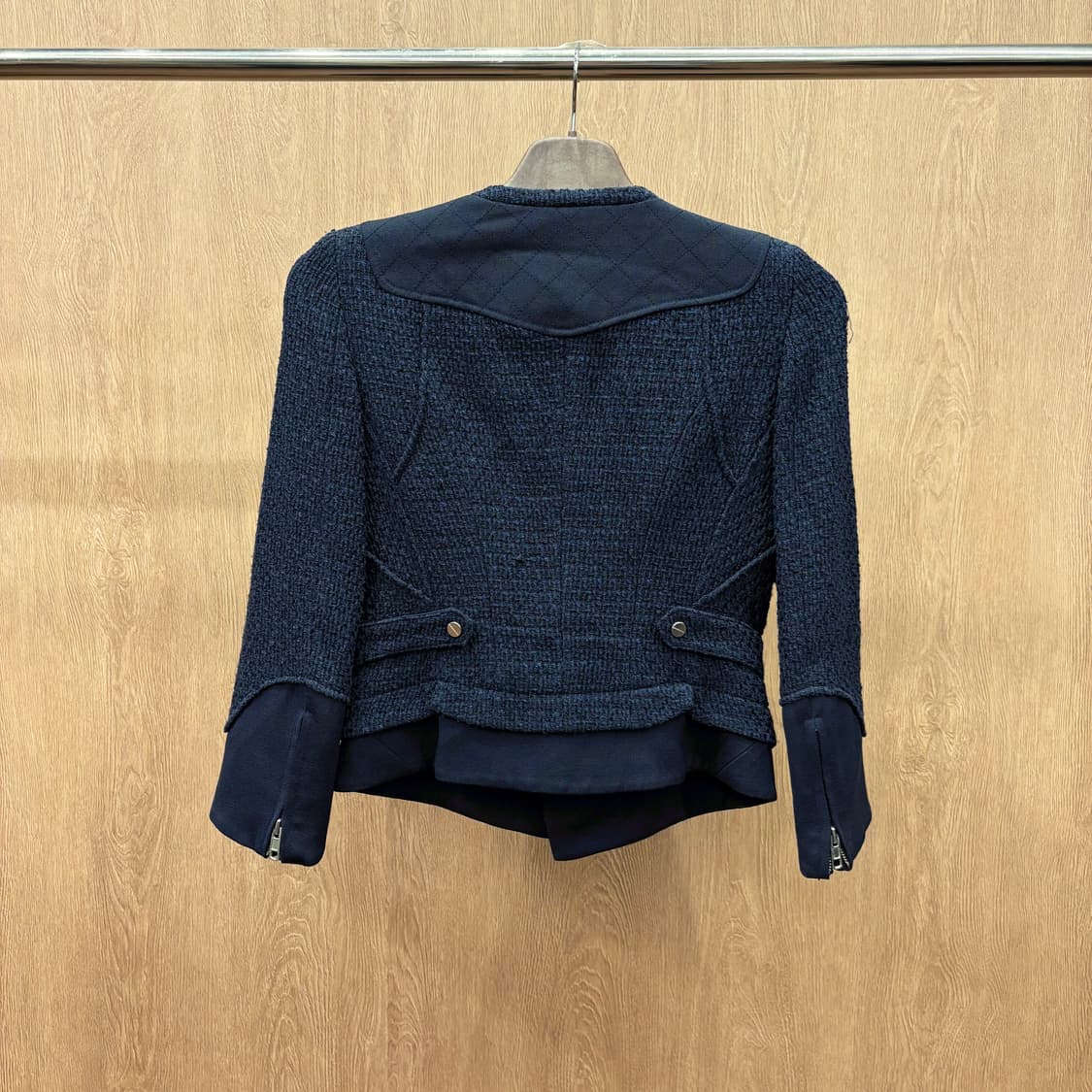 시스템 집업 트위드 자켓 메탈 지퍼 퀄팅 배색 레이어드 디테일 네이비 상품이미지3