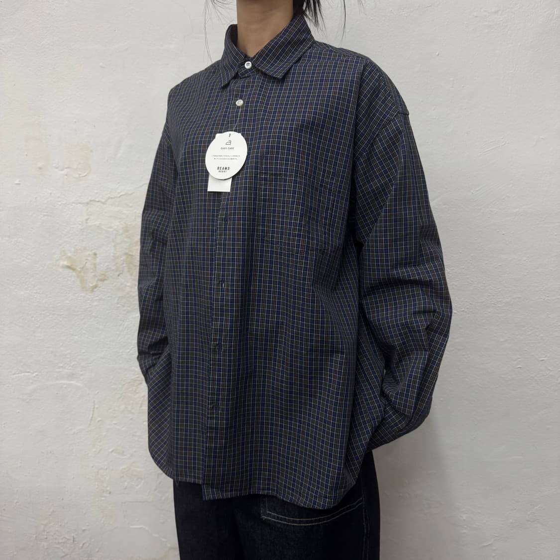 빔즈(BEAMS HEART) 다크네이비 체크 패턴 코튼 빅실루엣 셔츠 상품이미지1