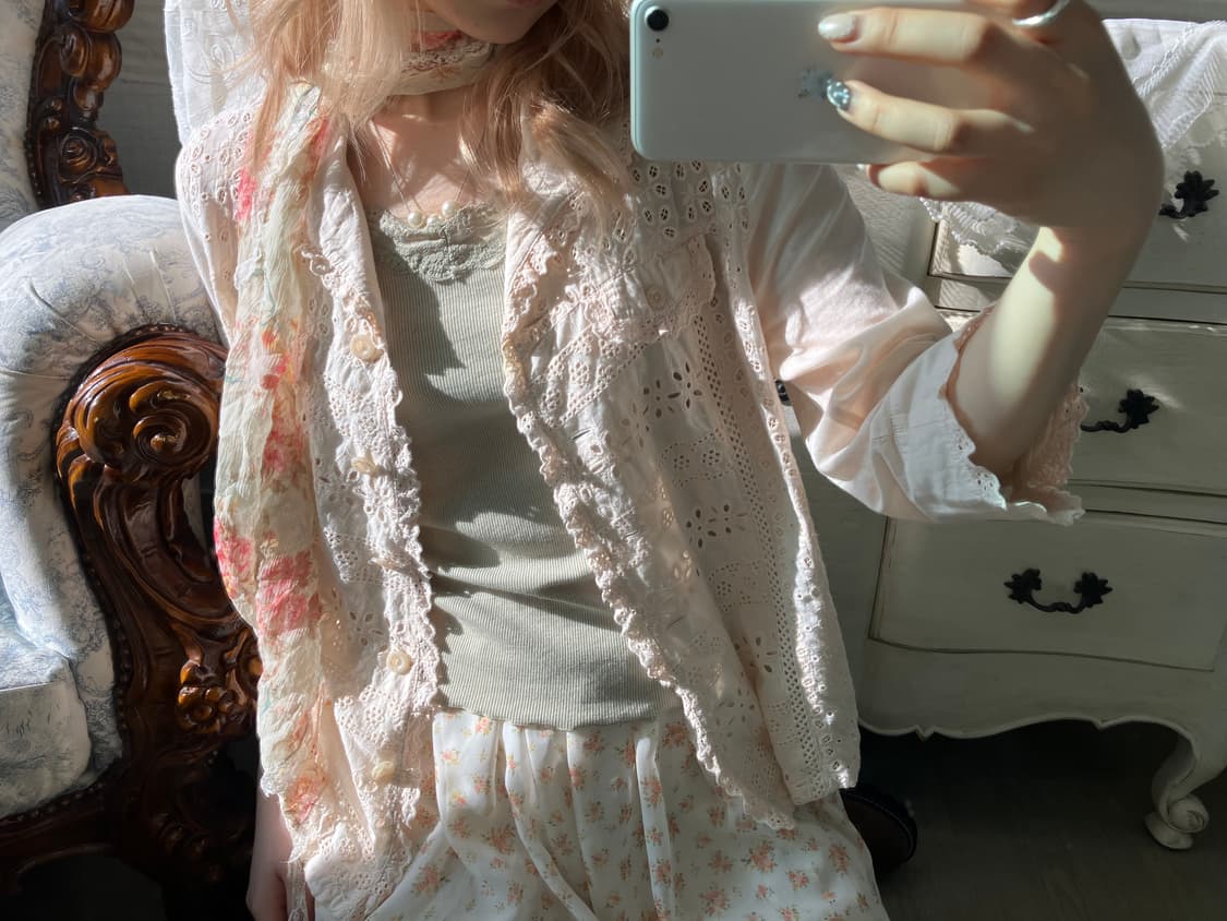 Set)레이스 펀칭자켓 + 플로럴 머플러 + 민트 그린 나시 상품이미지4