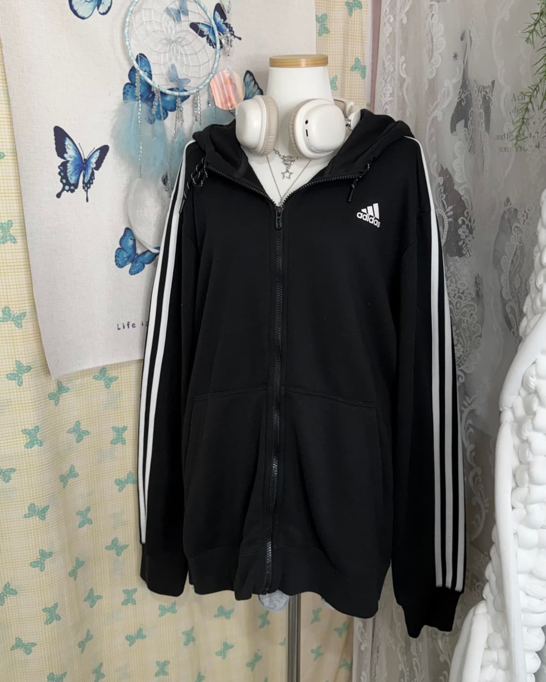 아디다스 블랙 오버핏 후드 집업 상품이미지4