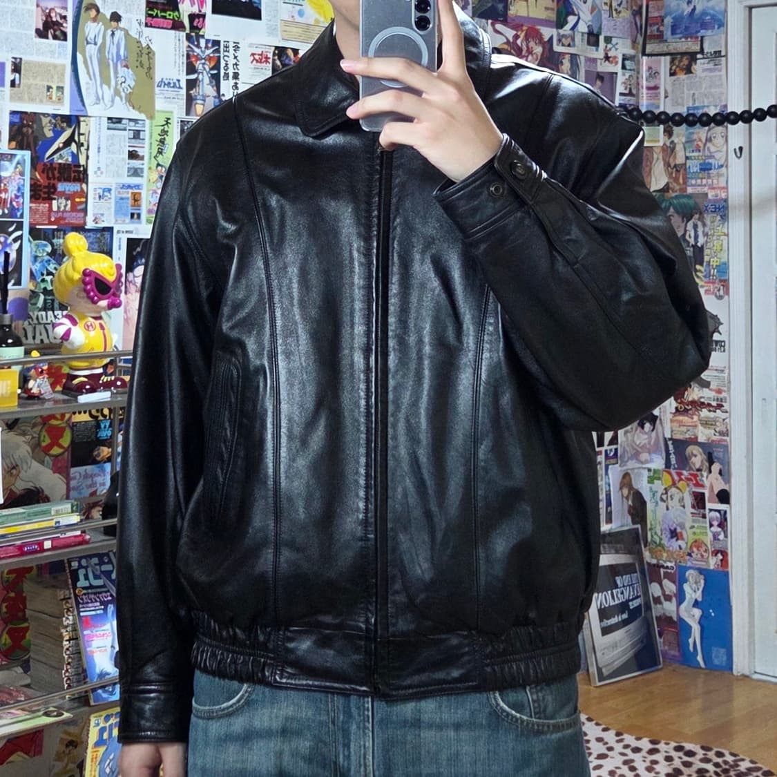 인디안 스트라이프 안감 양가죽 블랙 봄버 자켓 상품이미지1