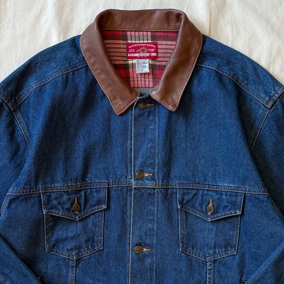 [XL/110] 90s USA Marlboro 레더 칼라 데님 자켓 상품이미지2