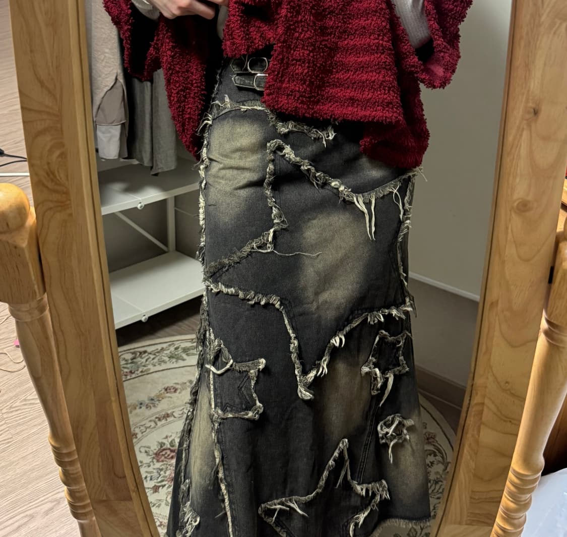 Y2K 그런지 스타 패치 데님 롱스커트 상품이미지1