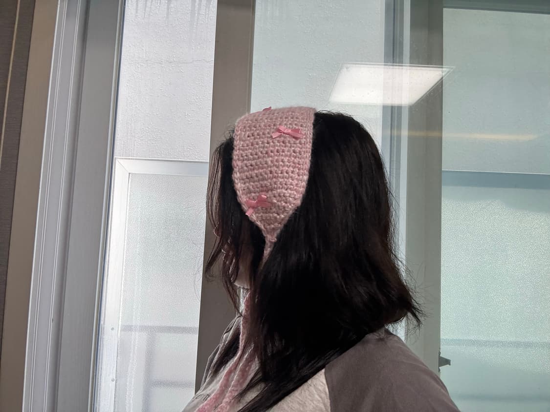 수제 뜨개 귀워머 (핑크 새틴 리본) 상품이미지3