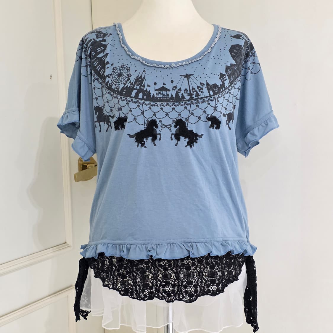 엑시즈팜)로맨틱 블루로리타st 하구미모리걸 레이스 셔링 레이어드 블라우스 상품이미지2