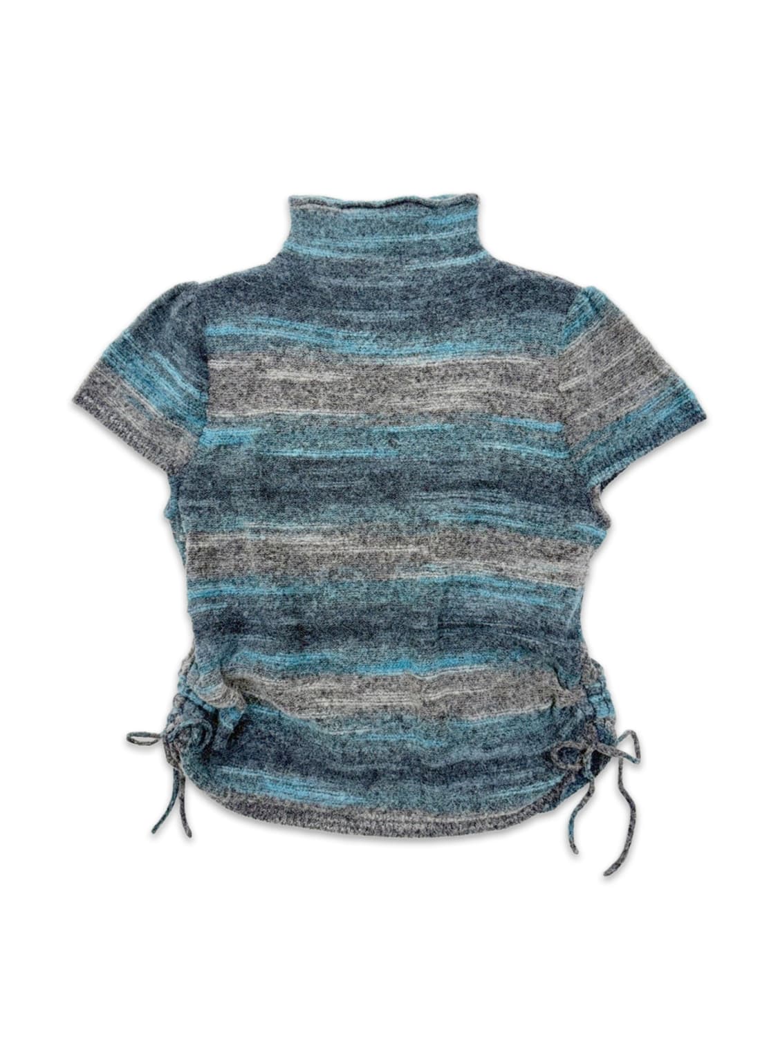 빈티지 스카이 그레이 리본 하이넥 반팔 니트 상품이미지1