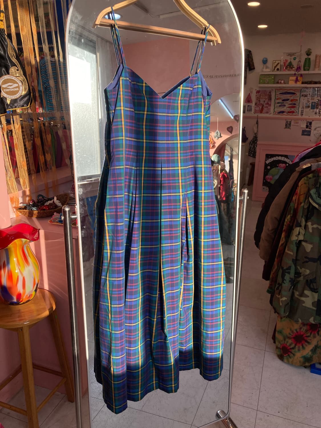 네이비 슬리브리스 체크 플리츠 원피스 상품이미지1