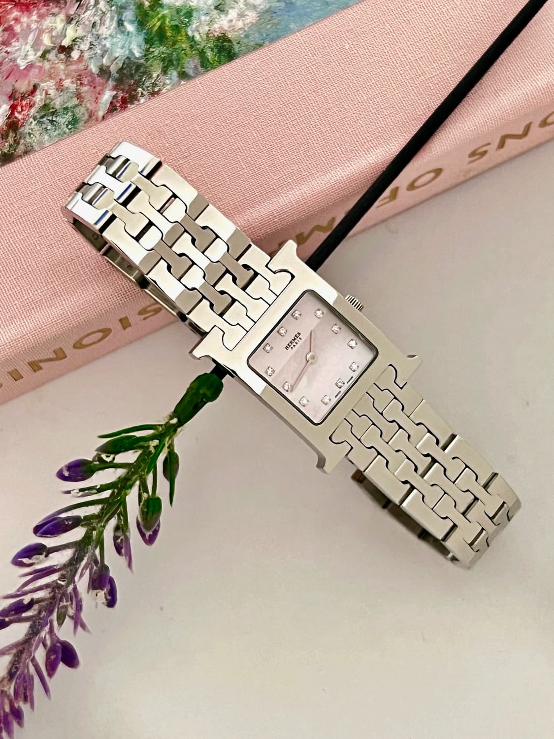 HERMES 에르메스 12p 다이아 핑크 쉘 H 아워 시계 상품이미지2