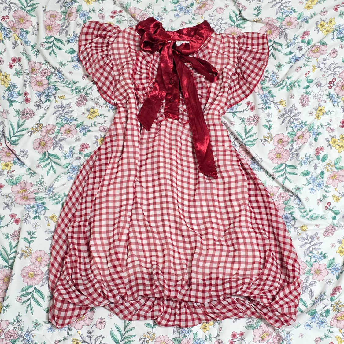 빈티지)스즈코 모리걸 레드벌룬 체크리본 로맨틱갸루 레이어드 프릴블라우스 상품이미지2