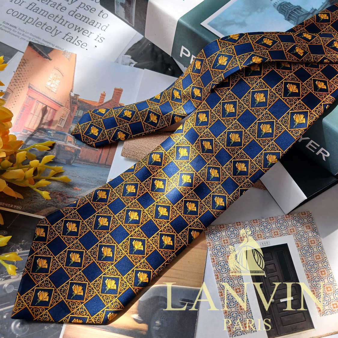 랑방 실크 네이비 플라워 패턴 넥타이 9.5cm S등급 E840 상품이미지2