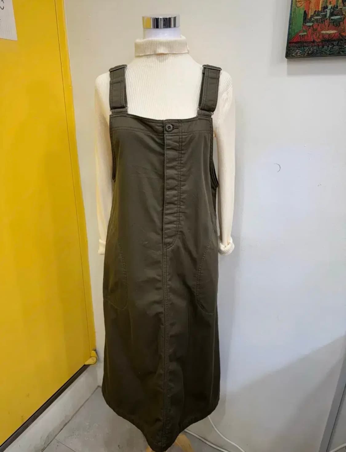 JPN/카키 워크웨어 점퍼스커트/안감있는 서스펜더 원피스 M 상품이미지3