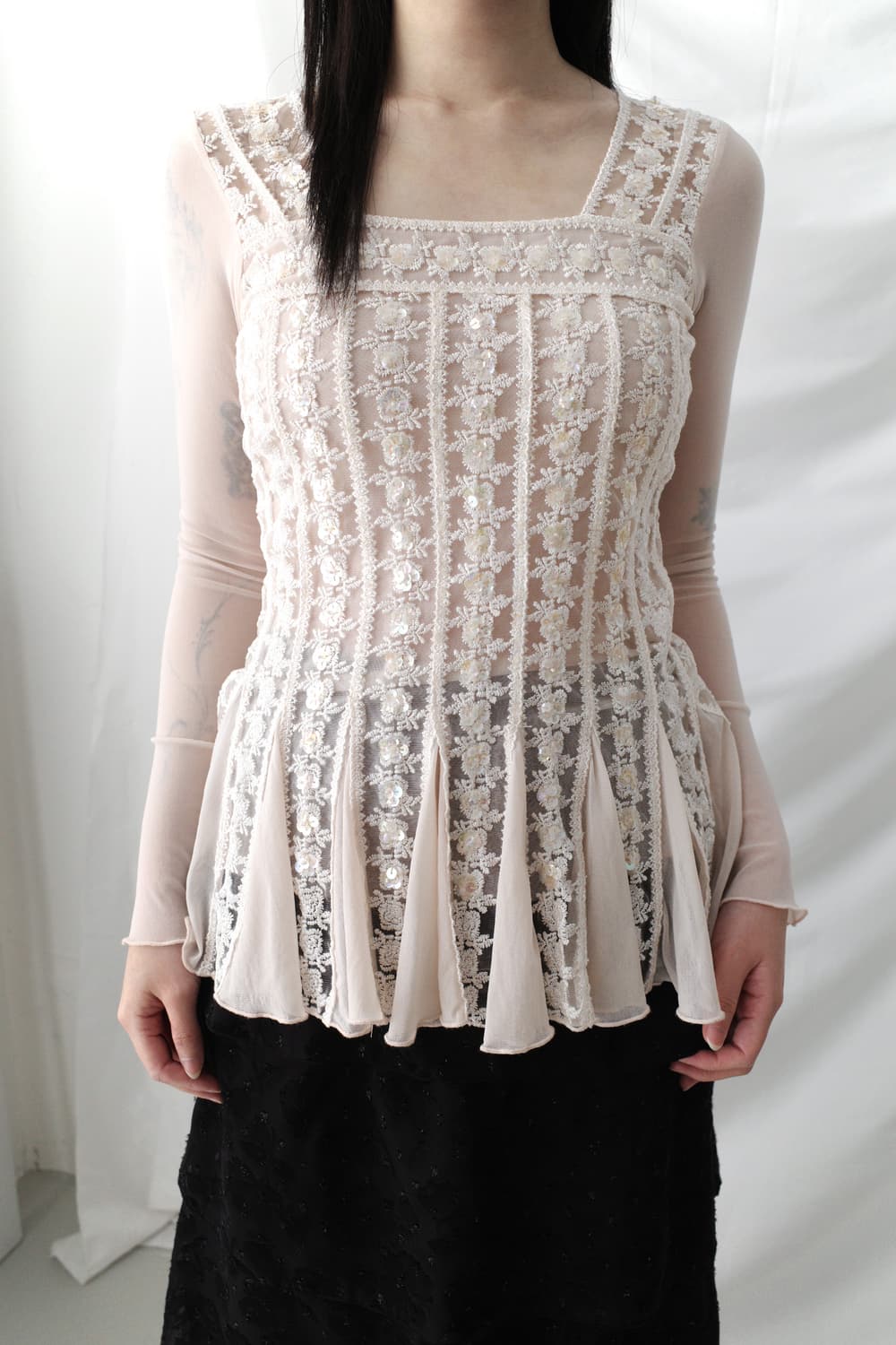 beads flower see-through T  상품이미지5