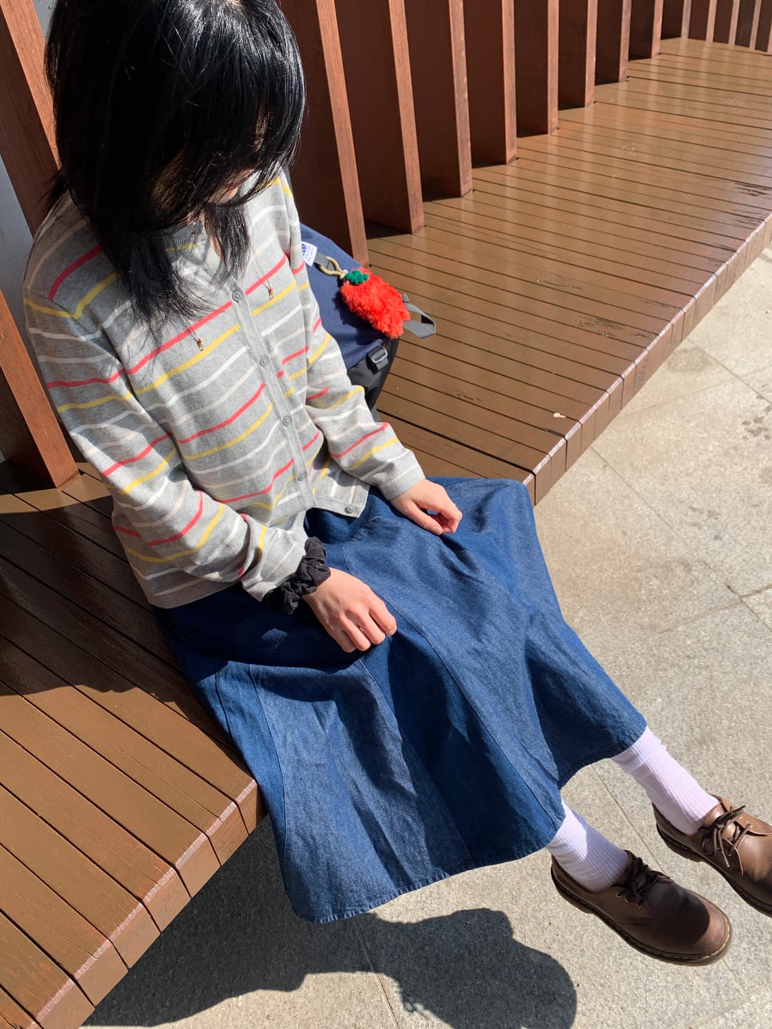 데님 배색 플레어 롱 스커트 상품이미지3