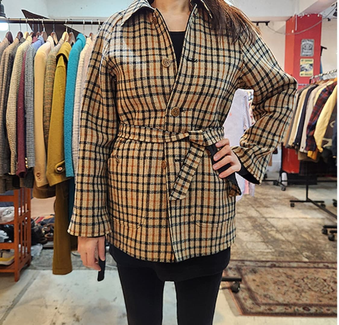 DAKS 닥스 일본판 울 블렌드 리버시블 (양면) 체크 벨트 빈티지 코트 상품이미지1