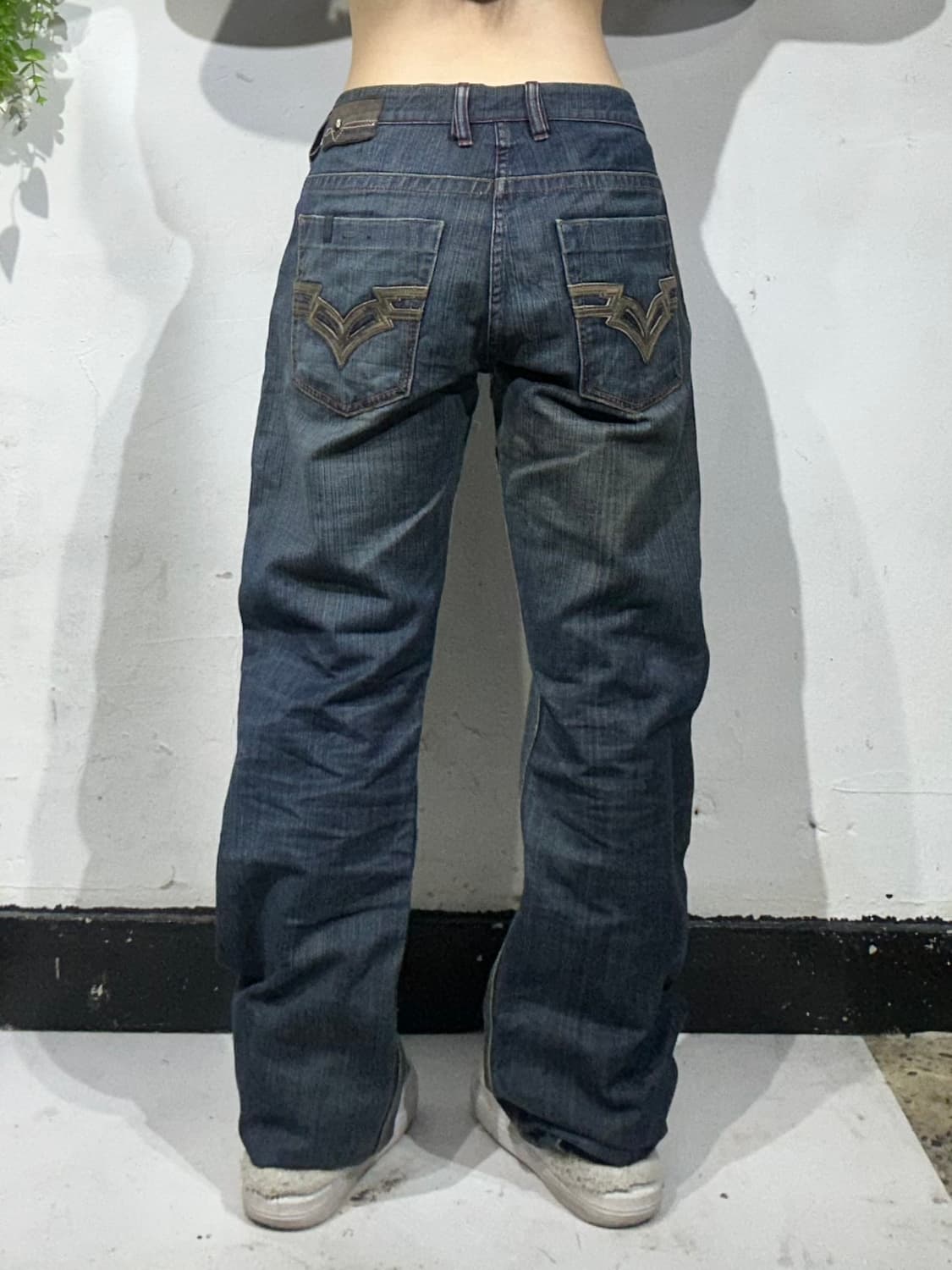 일본 빈티지 중청 자수 와이드 워싱 데님 팬츠 청바지  상품이미지3