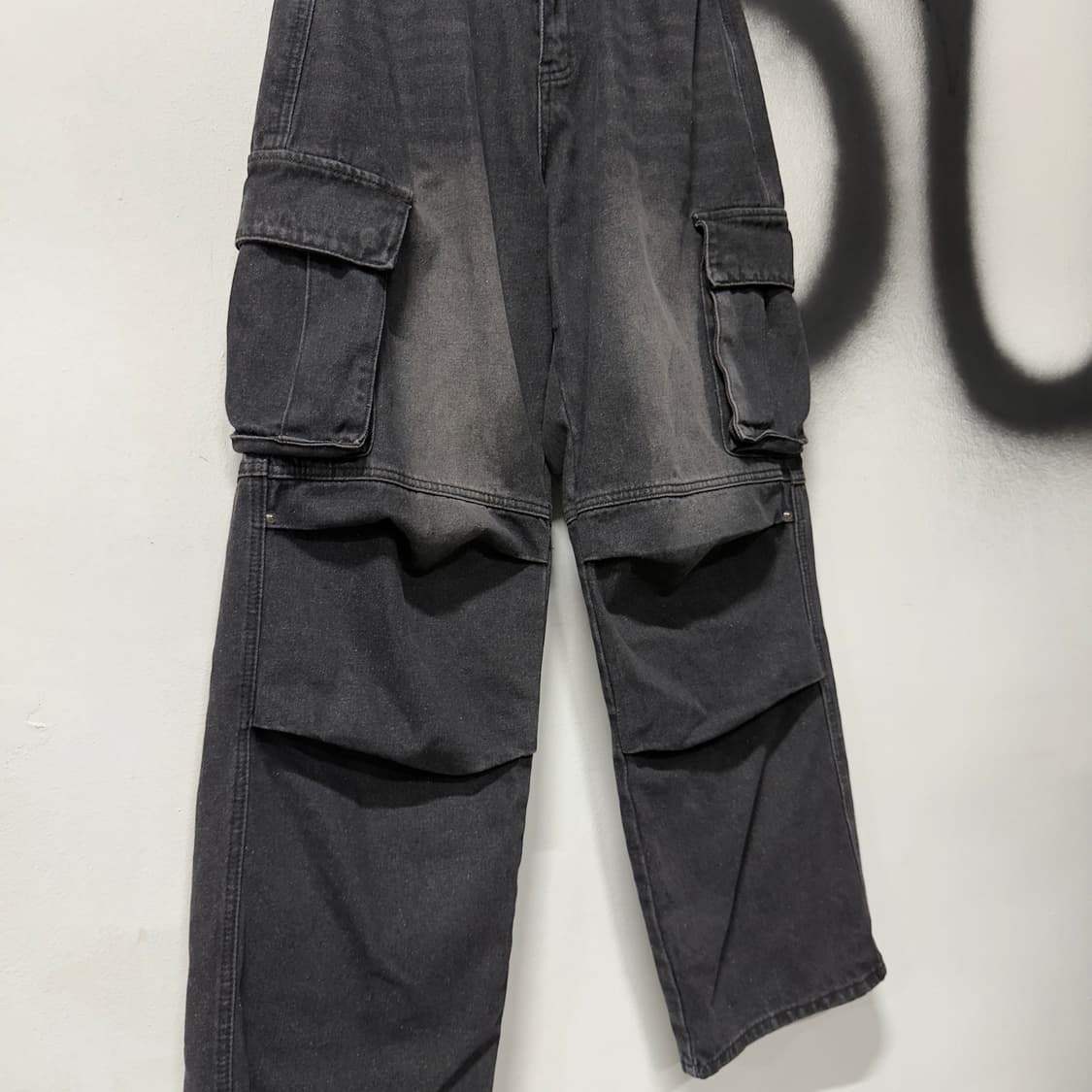 VTG 빈티지 흑청 워싱 핀턱 디테일 와이드 카고 데님 팬츠 상품이미지3
